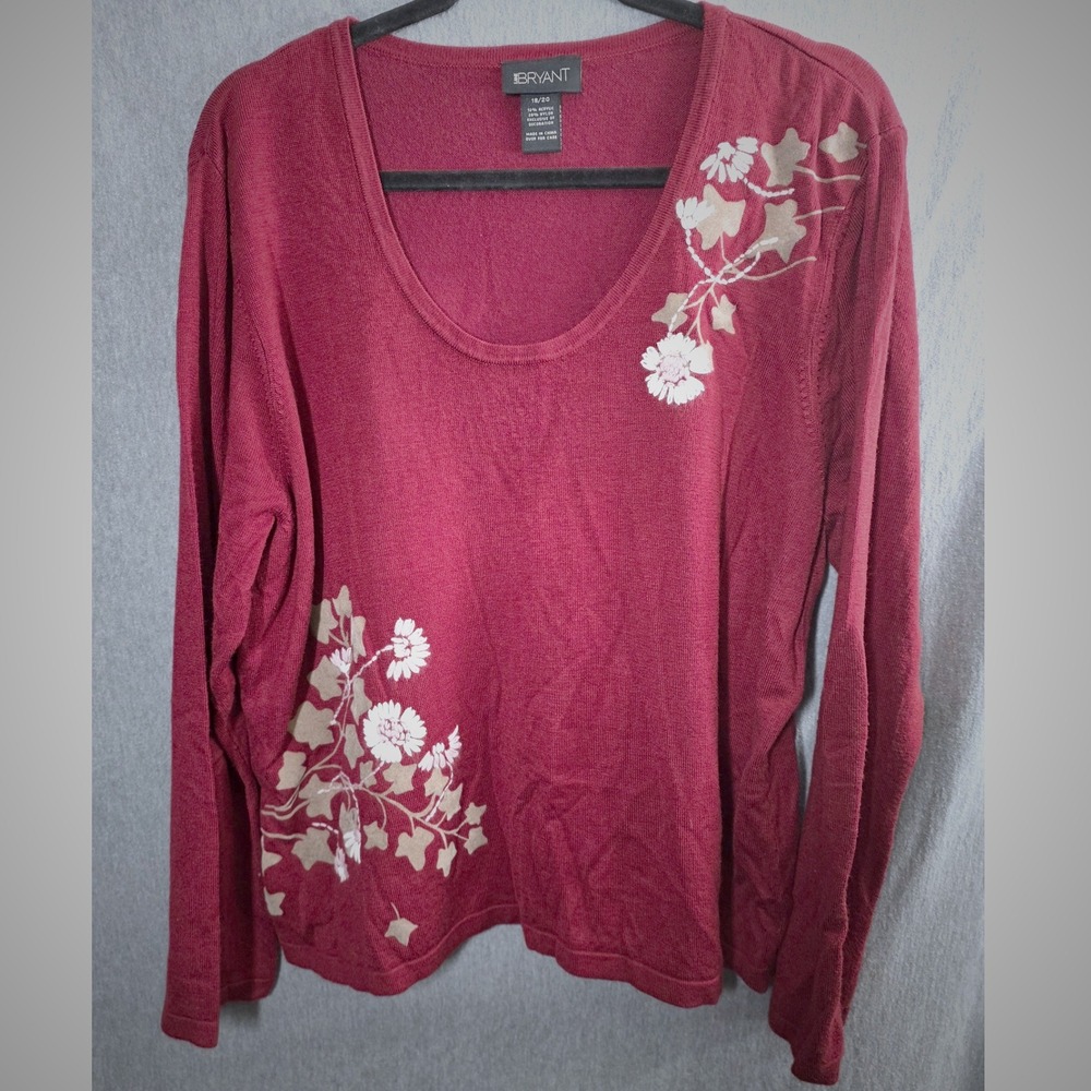 Lane Bryant Sweater Knit top Plus Size 18/20 18 20 Red Maroon Floral Embroidered